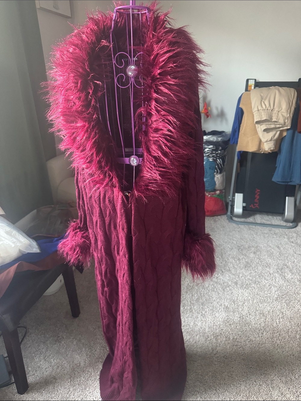 Fashion Nova Burgundy Faux-Fur Trim Cable Knit Long Jacket